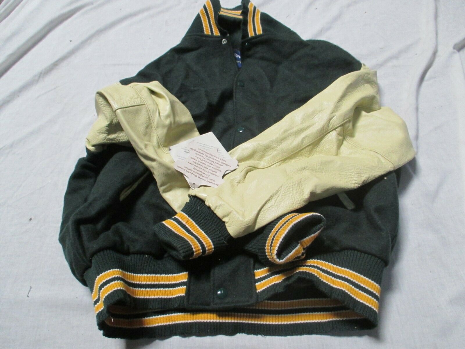 HOLLOWAY NYLON  LINED DK GREEN /CREAM   LEATHER SLEEVES SCHOOL LETTER JACKET