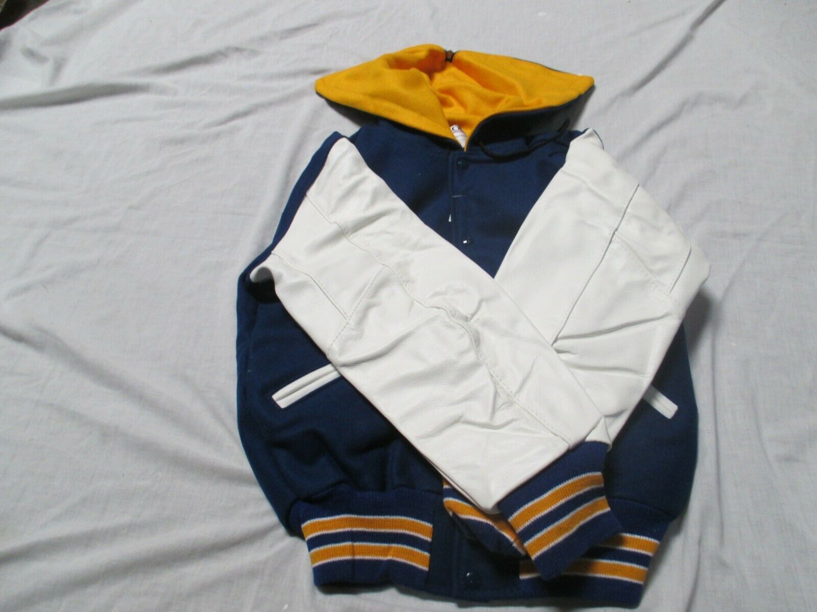 DELONG ADLT CHEERLEADER JACKET ROYAL/WHT QUILT LINED WITH GOLD  INSIDE ZIP  HOOD