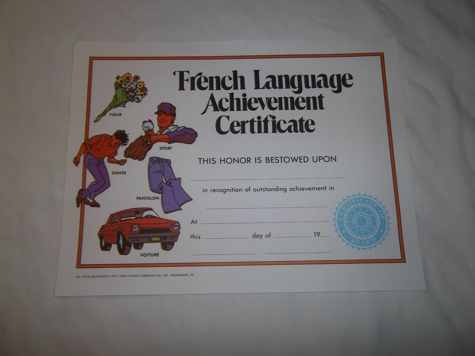 HAYES VA198 FRENCH LANGUAGE AWARDS CERTIFICATES (PACK OF 25)