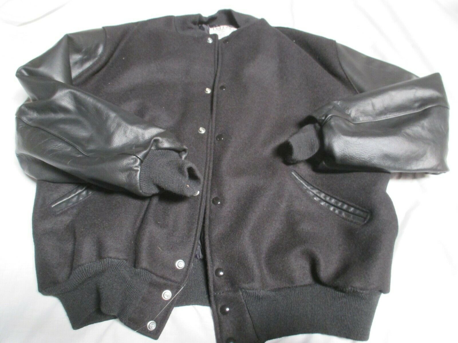 Solid Black Letterman Jacket with Leather Sleeves
