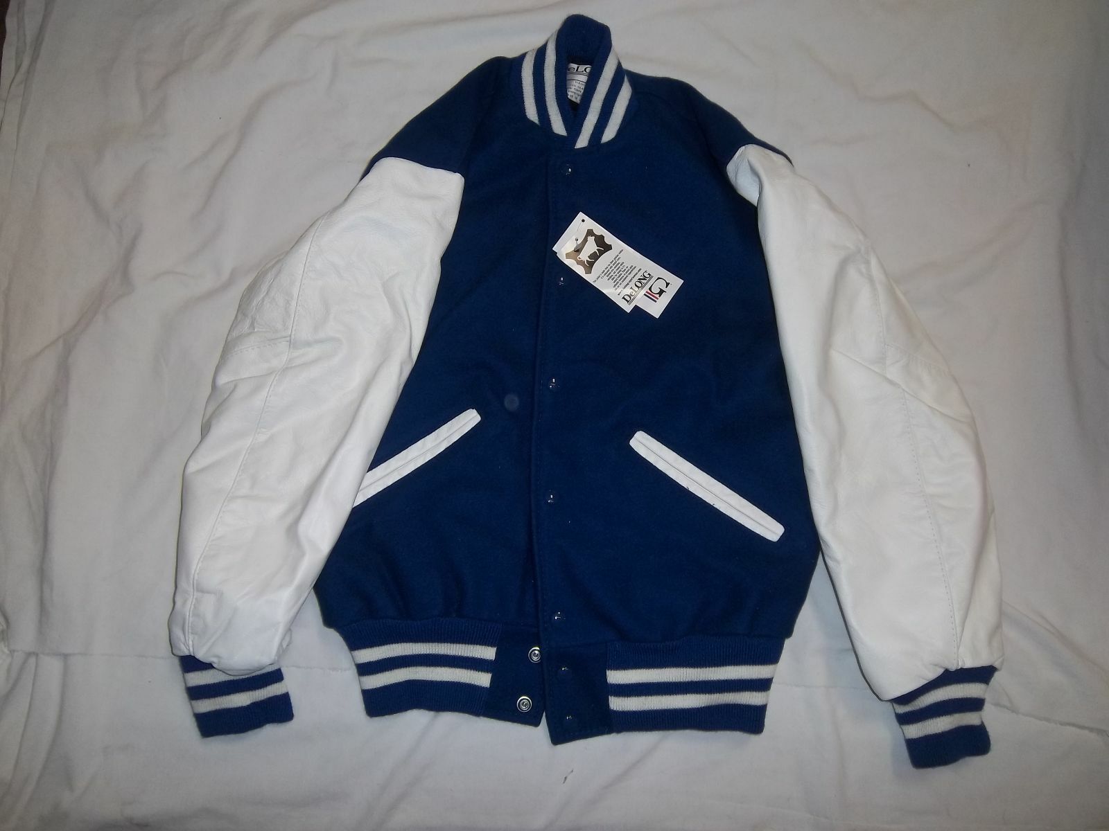 DELONG ADULT NAVY BLUE WITH TWO WHITE STRIPES QUILT LINED SCHOOL LETTER JACKET