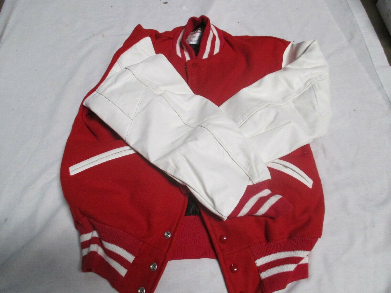 DELONG  ADULT QUILT LINED RED/WHITE WITH TWO WHITE STRIPES  LETTER JACKET