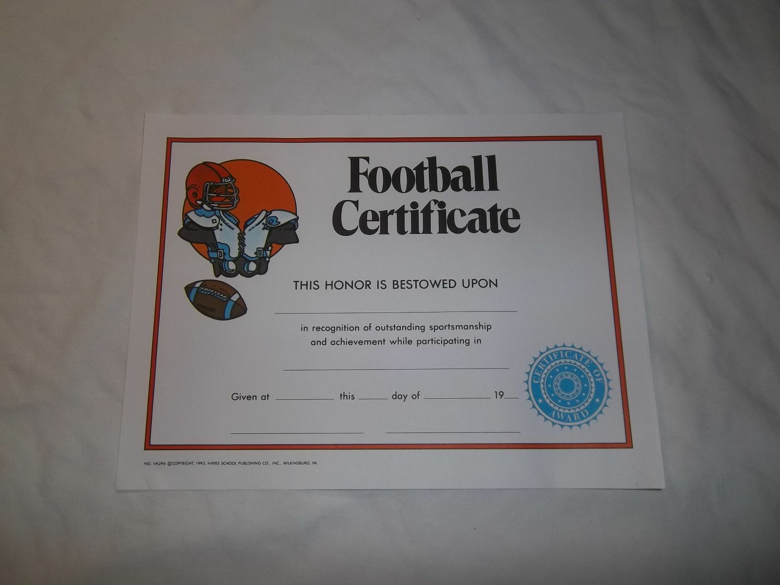 HAYES VA296 FOOTBALL AWARDS CERTIFICATES (PACK OF 25)