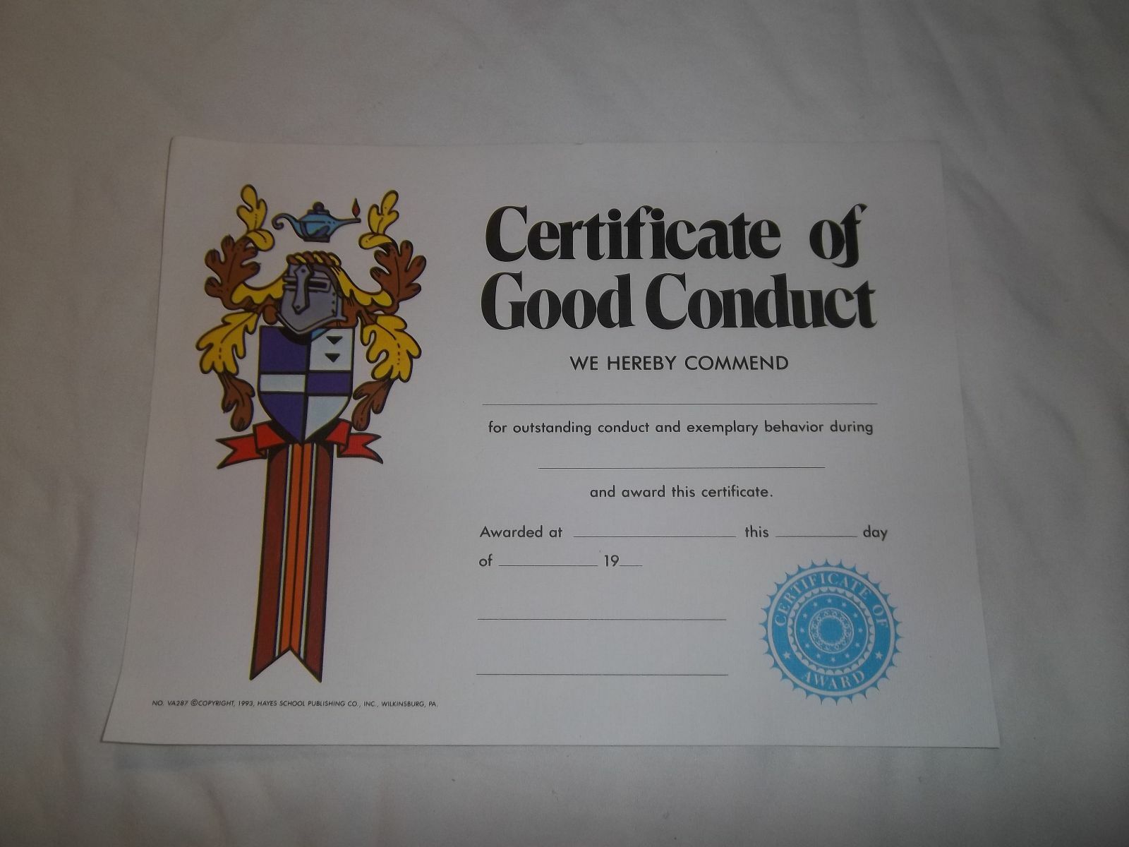 HAYES VA287 GOOD CONDUCT AWARD  CERTIFICATES (PACK OF 25)