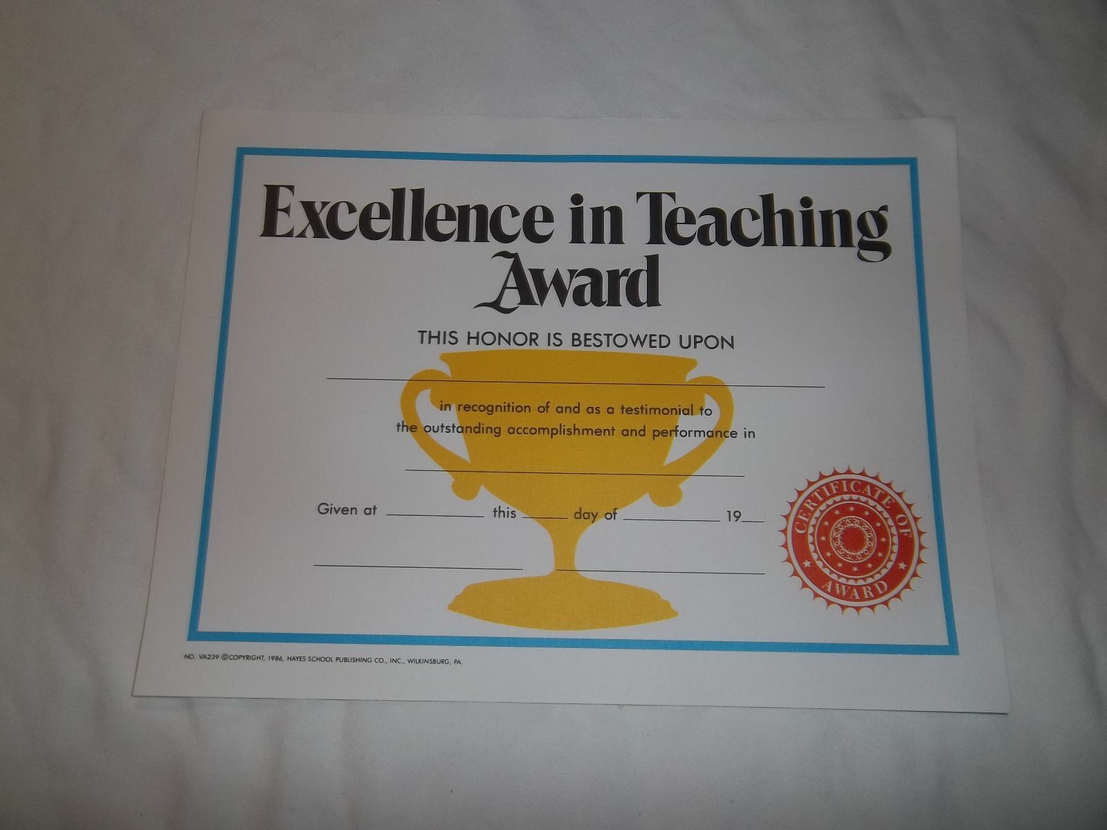 HAYES VA239 EXCELLENCE IN TEACHING AWARD  CERTIFICATES (PACK OF 25)