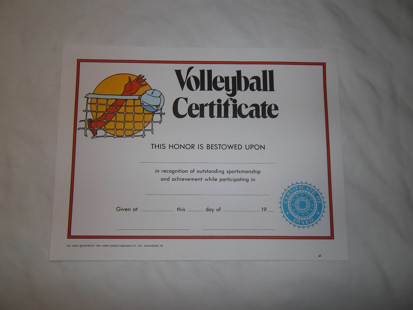 HAYES VA294 VOLLEYBALL AWARDS CERTIFICATES (PACK OF 25)
