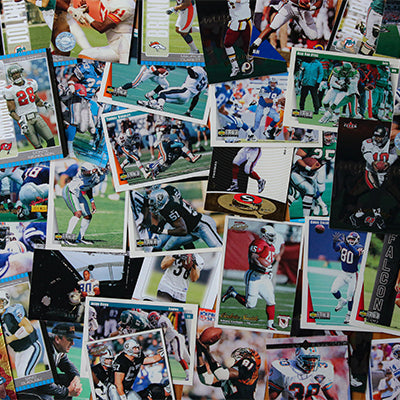 A collection of football sports cards.